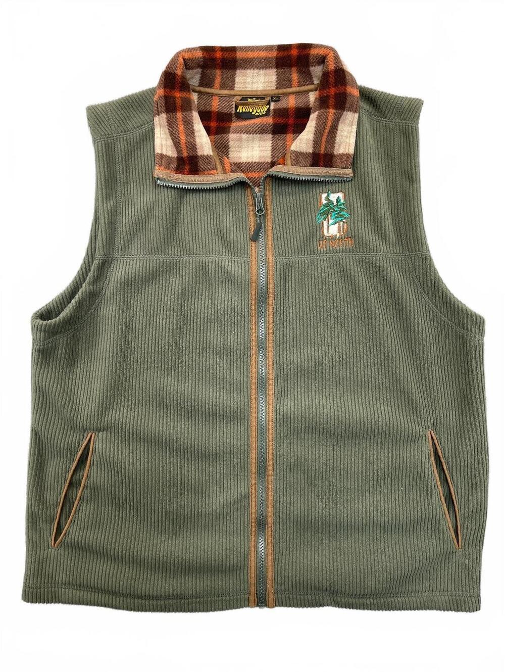 Renegade Mens Fleece Vest Olive Green Plaid Collar Embroidered Full Zip Outdoor